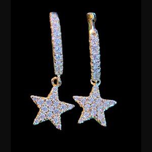 925 Sterling Yellow Gold Vermeil 11mm Hoop 9mm Pave CZ Star Dangle Earrings